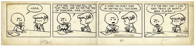 Charles Schulz Original Hand-Drawn Peanuts Comic Strip From 1952 -- Charlie Brown & Patty Play Bridge